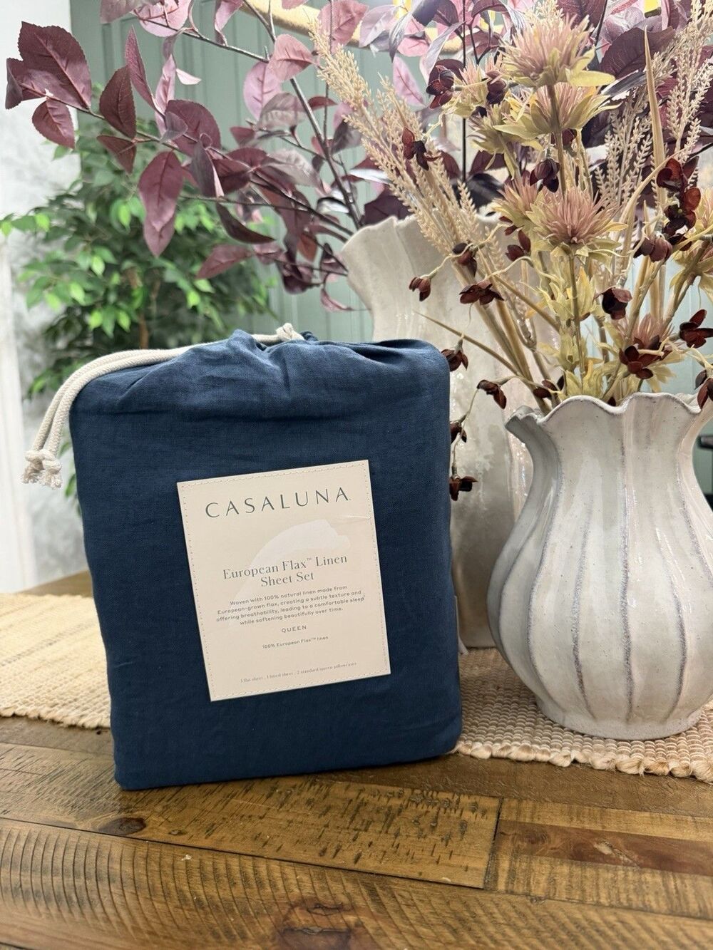 Queen 100% Linen Sheet Set Dark Mineral Blue - Casaluna